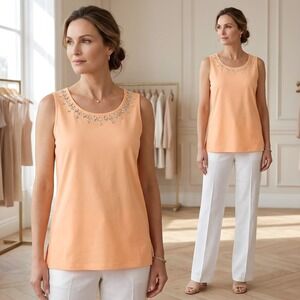 Ruby Rd Beaded Tank‎ Top Orange Sleeveless Cotton Stretch Embellished Neckline S